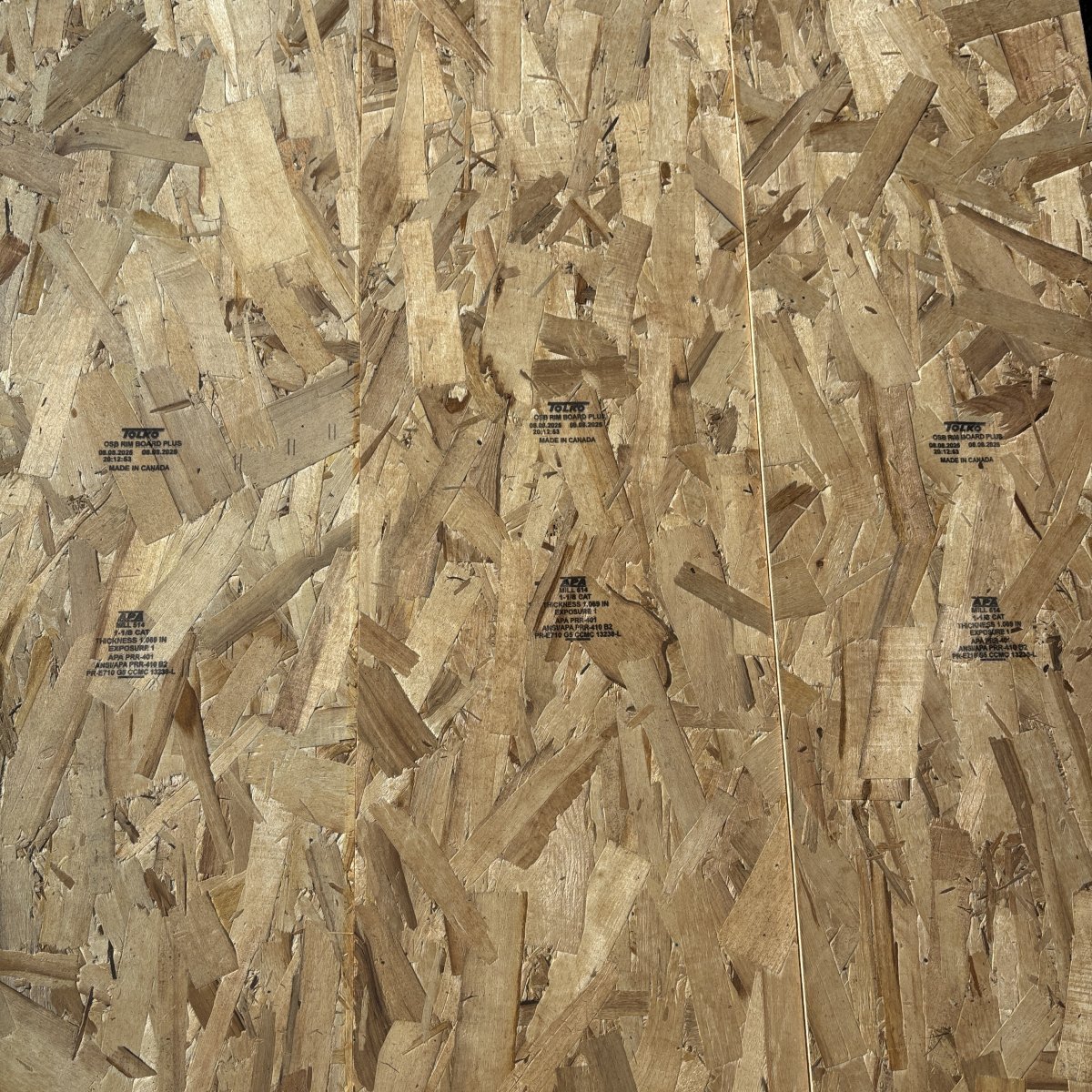 Top-down view of OSB rim board face on 1-1/8 inch by 11-7/8 inch APA-rated structural rim board showing strand texture