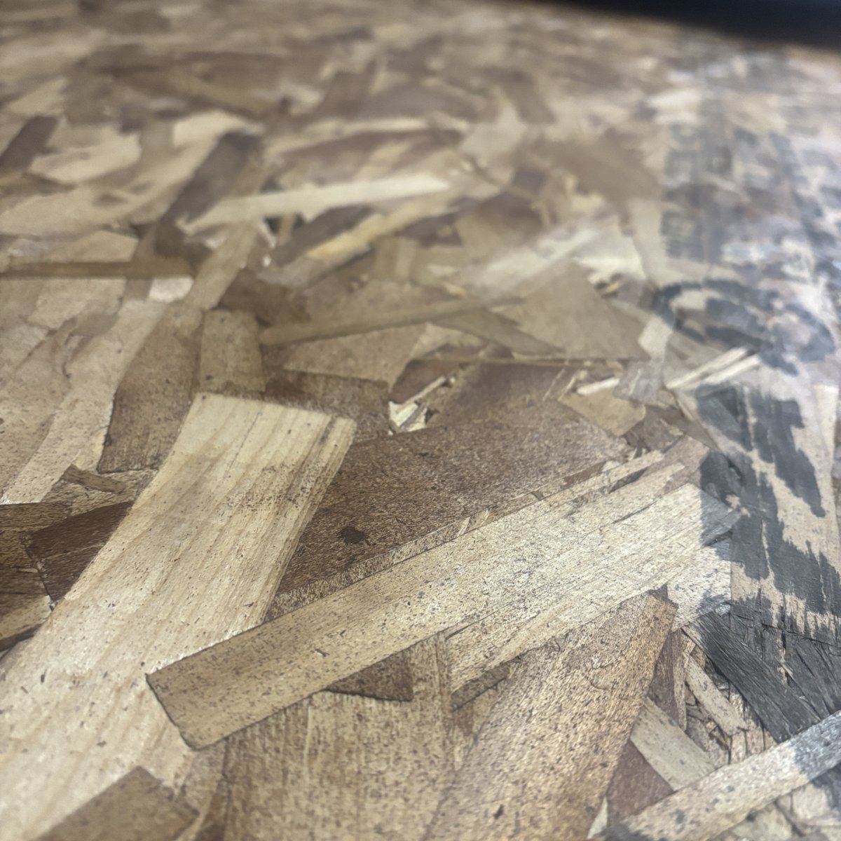 Angled view of OSB strand texture on 19/32 inch structural sheathing panel