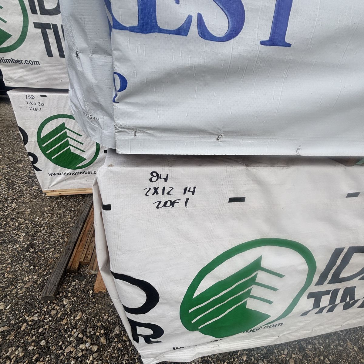 Close-up showing size and profile of 2×12×14′ #2 kiln-dried Douglas Fir lumber at Boise lumberyard