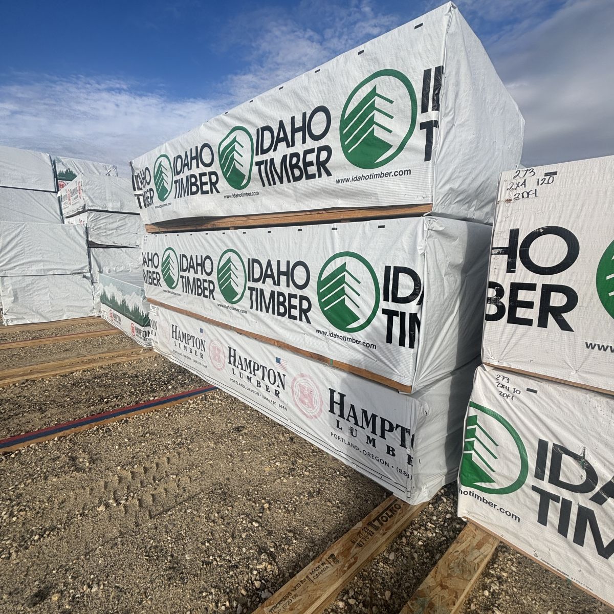 Angled yard view of 2×4×12′ #2 kiln-dried Douglas Fir lumber at our Boise lumberyard