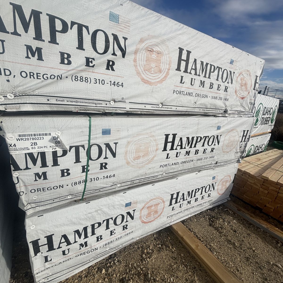 Angled yard view of 2×4×8′ #2 kiln-dried Douglas Fir lumber at our Boise lumberyard