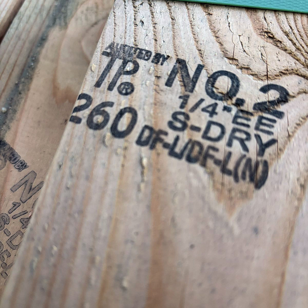 Grade stamp detail on #2 kiln-dried Douglas Fir 2×4 studs at our Boise lumberyard