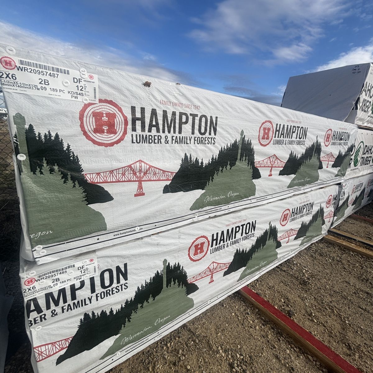Angled yard view showing multiple units of 2×6-12′ #2 kiln-dried Douglas Fir lumber at our Boise lumberyard
