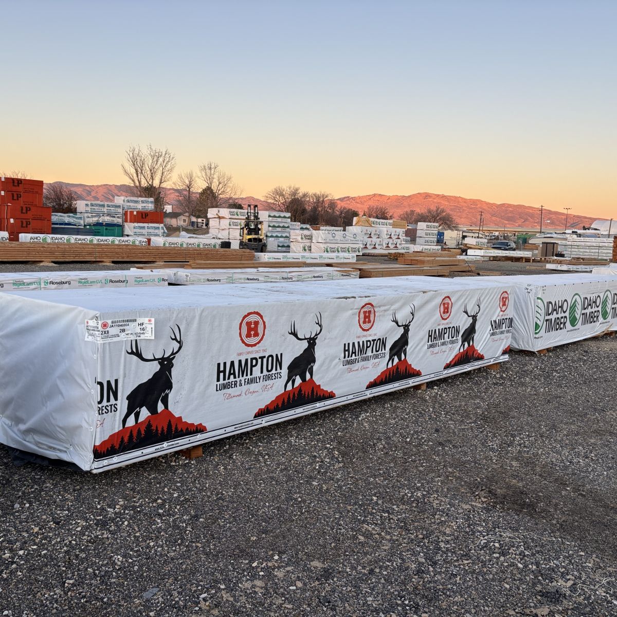 2×8 16-foot #2 kiln-dried Hem-Fir lumber unit at our Boise lumberyard with foothills in the background
