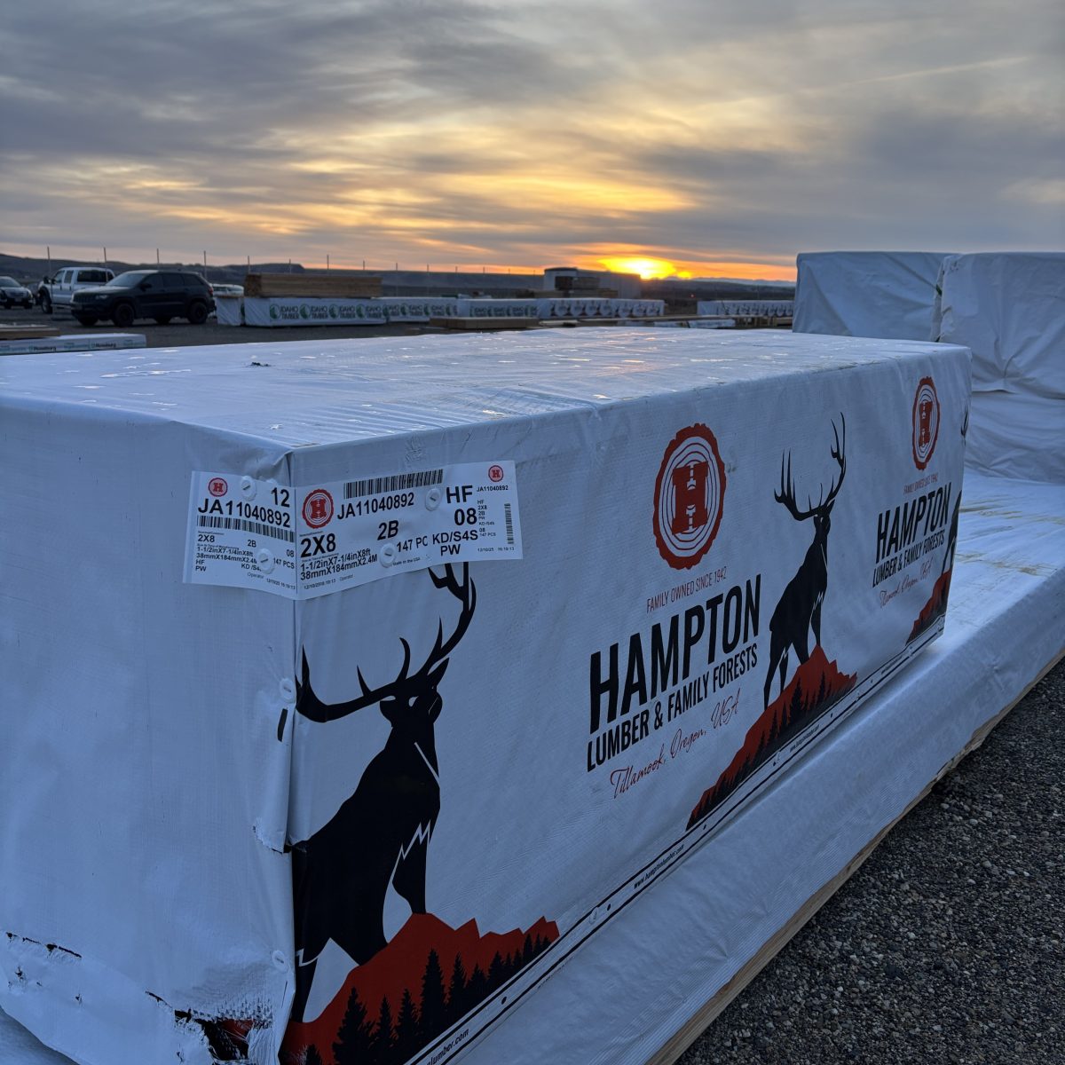 2×8 8-foot #2 kiln-dried Hem-Fir lumber unit at our Boise lumberyard with sunset background