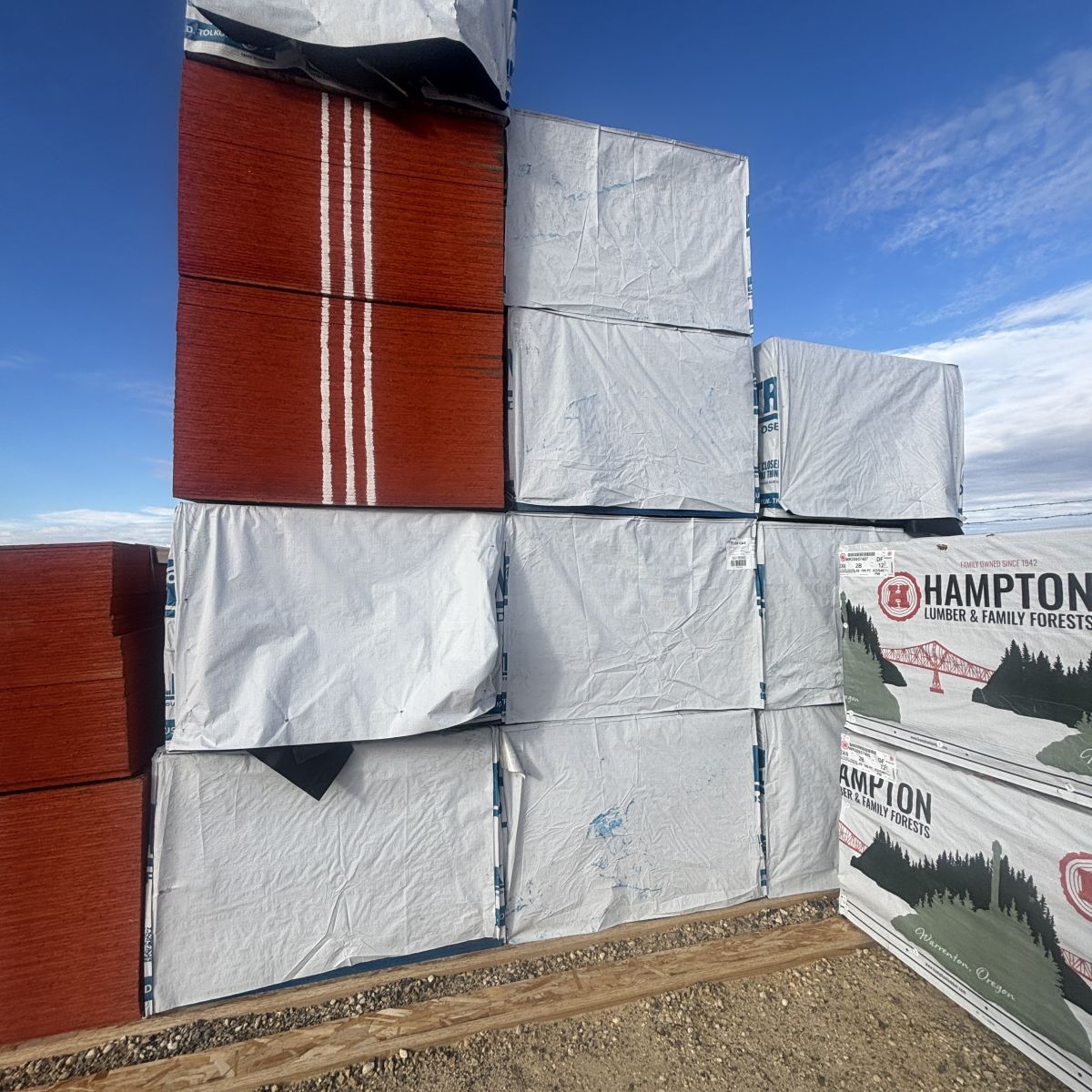 Side view of 7/16-inch 4×8 OSB sheathing stacked at our Boise lumberyard